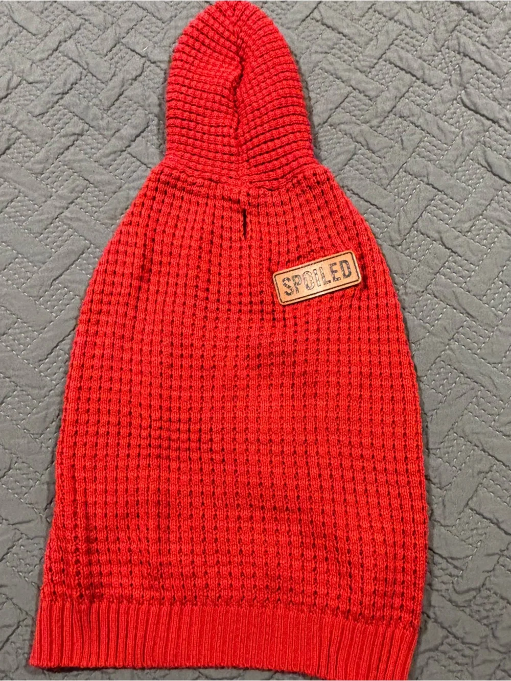 Red Waffle-Knit Doggie Hooded Sweater with 'Spoiled' Patch
